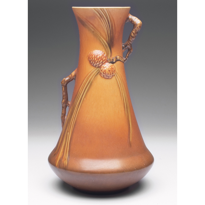 Appraisal: Roseville Pine Cone vase double handled large form in brown