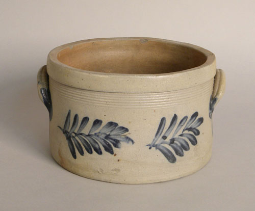 Appraisal: Stoneware cake crock th c with cobalt foliate decoration h