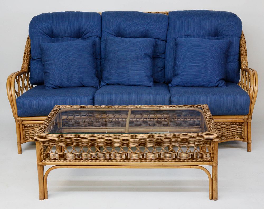 Appraisal: Braxton Culler Rattan Sofa and Glass Top Coffee Table Braxton