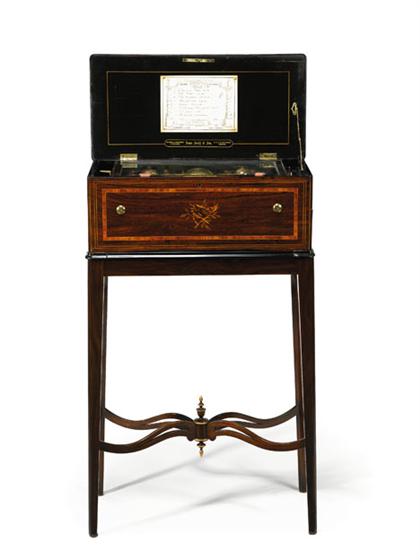 Appraisal: Swiss rosewood and inlaid music box-on-stand th century retailed by