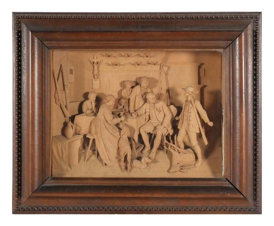 Appraisal: Deep carved relief diorama scene showing a boy having hunted