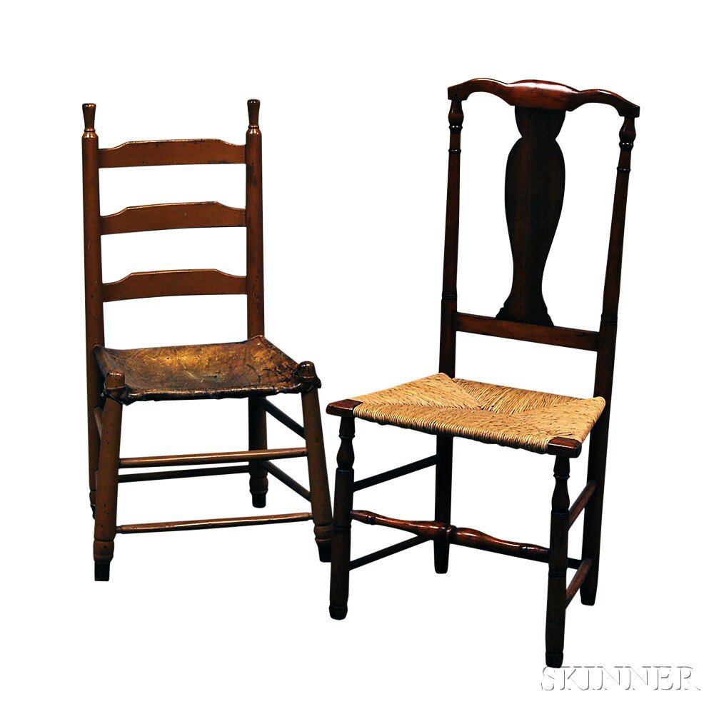 Appraisal: Two Country Chairs a yellow-painted slat-back side chair with leather