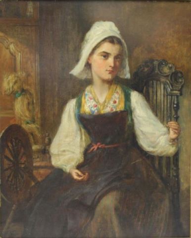 Appraisal: HUGHES E Oil on Canvas Woman Spinning Thread Not visibly