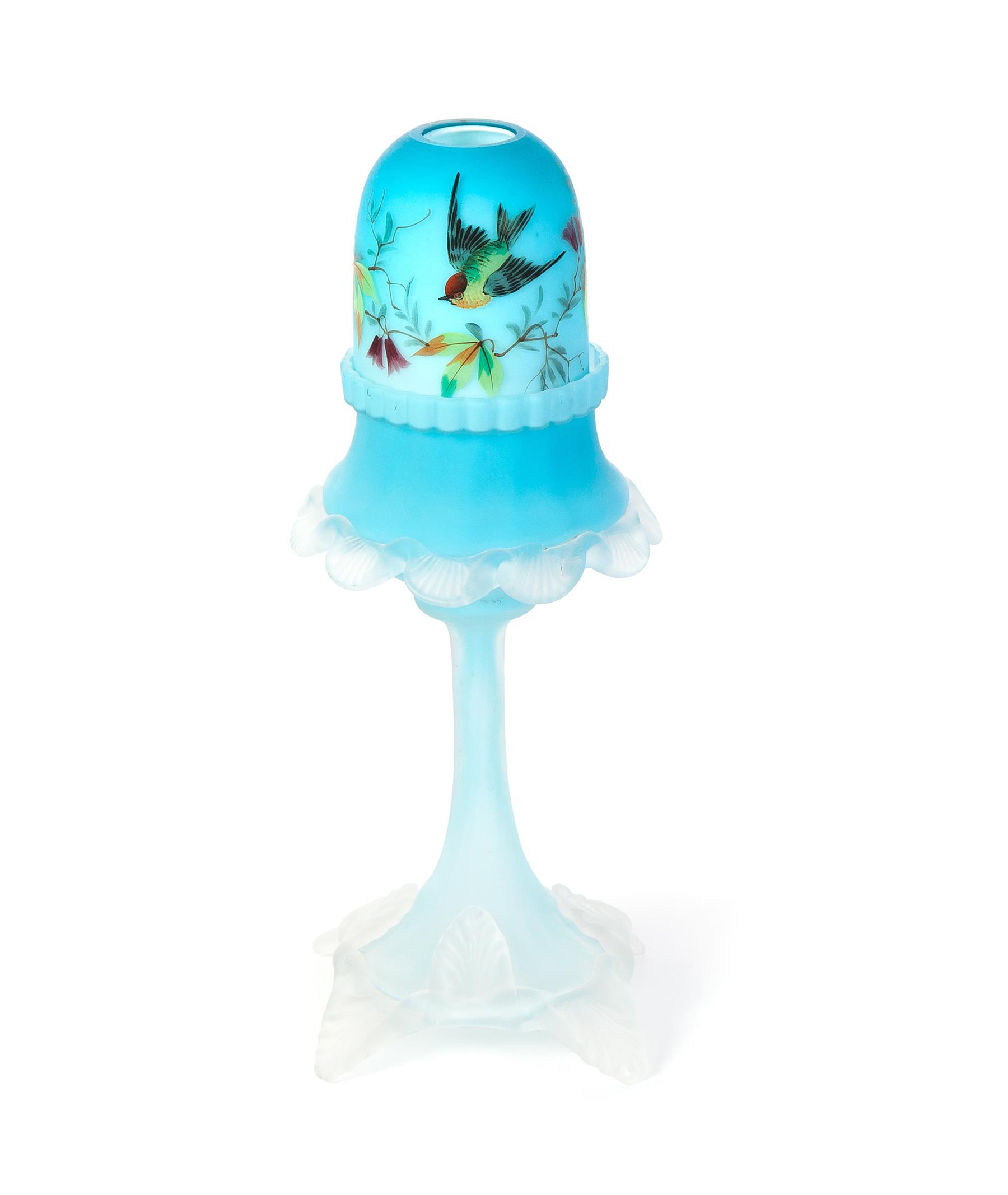 Appraisal: THREE-PIECE BOHEMIAN PEDESTAL FAIRY LAMP European ca Blue cased glass