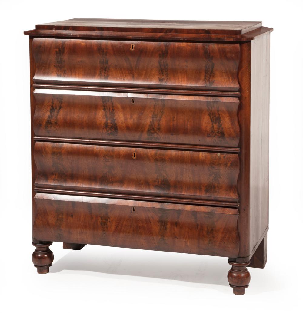 Appraisal: CONTINENTAL FIGURED MAHOGANY CHEST OF DRAWERSAntique Continental Figured Mahogany Chest