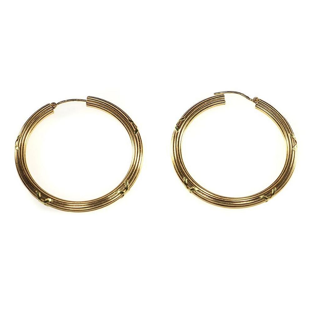 Appraisal: Charles Garnier k gold hollow hoop earrings French ribbed 'x'