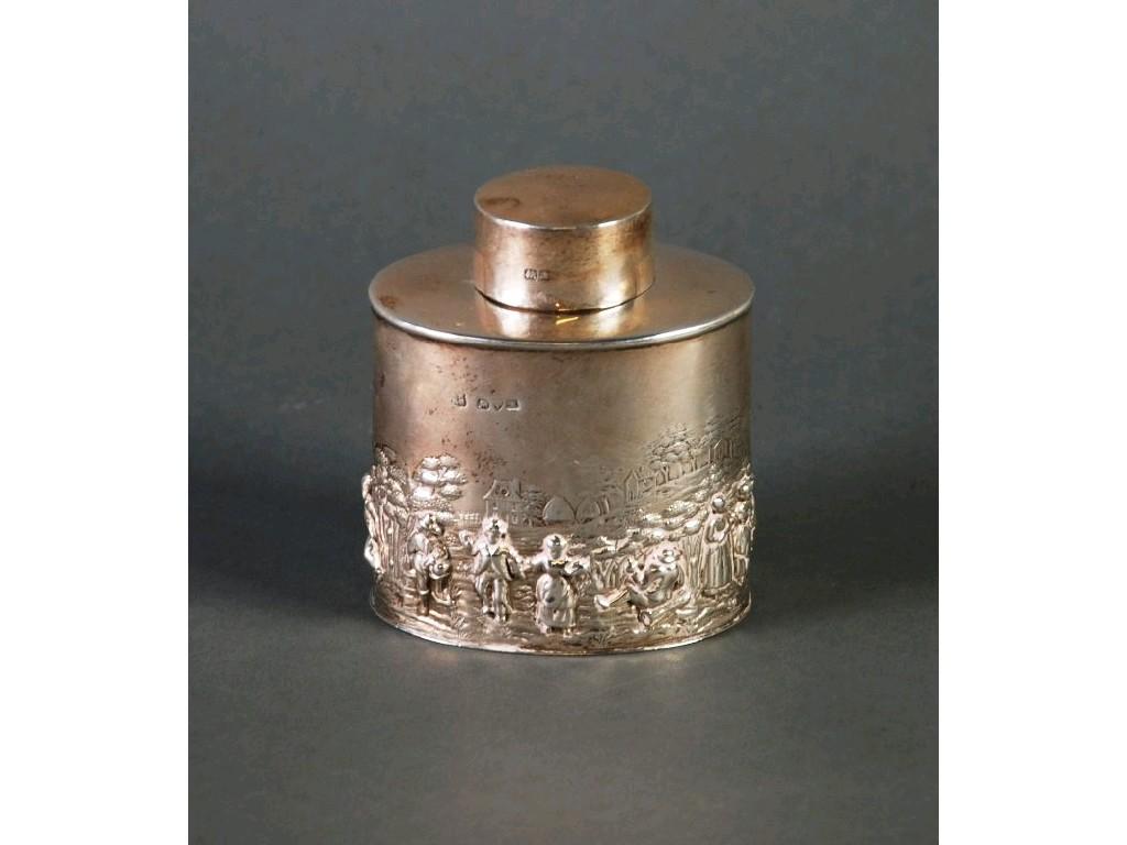 Appraisal: GEORGE V SILVER OVAL TEA CADDY with plain pull off