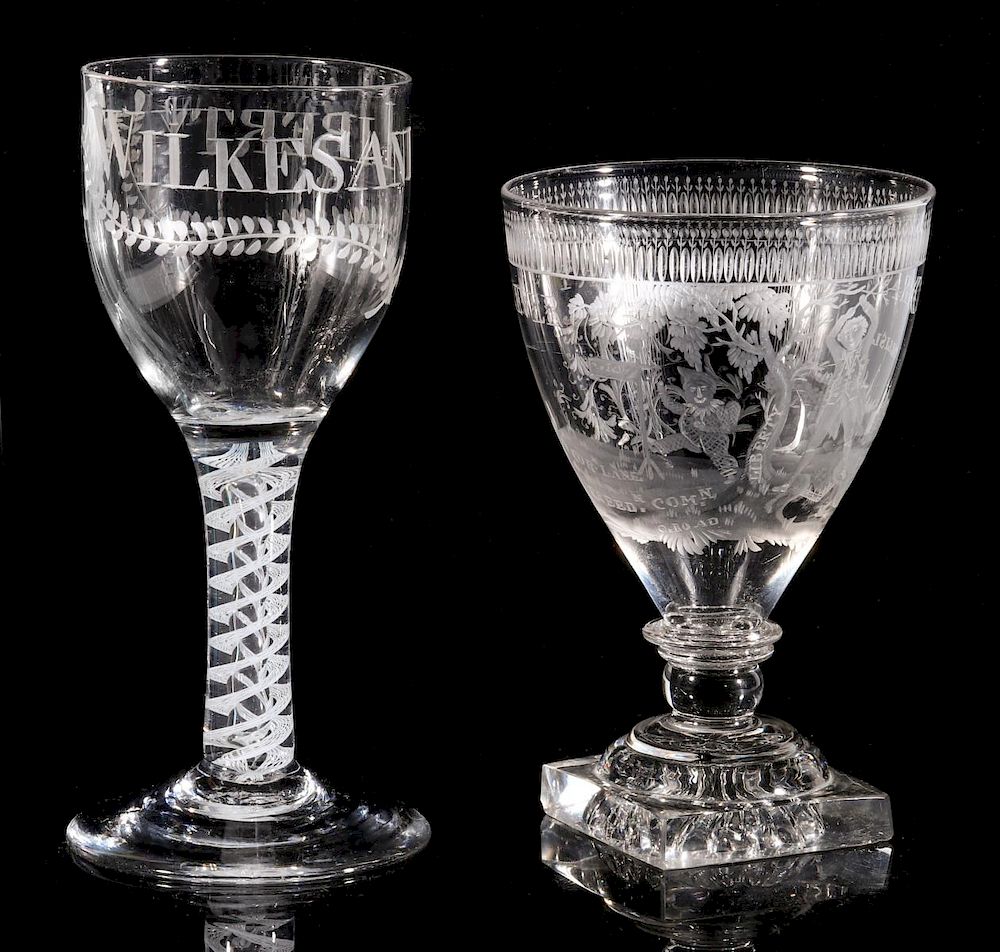 Appraisal: WILKES AND LIBERTY TH C ENGRAVED GLASS GOBLETS A stemmed