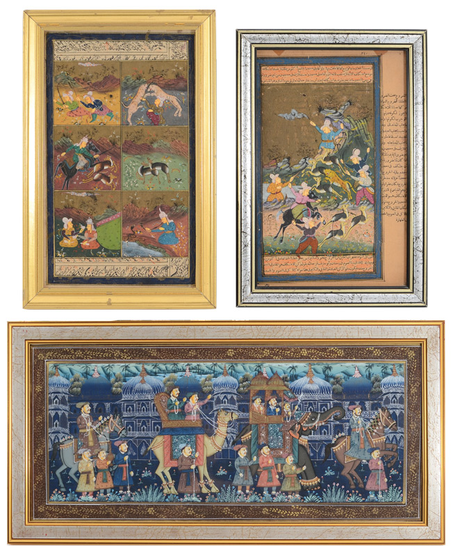 Appraisal: PIECE ILLUMINATED PERSIAN PAINTINGS scenes depict hunting themes largest frame