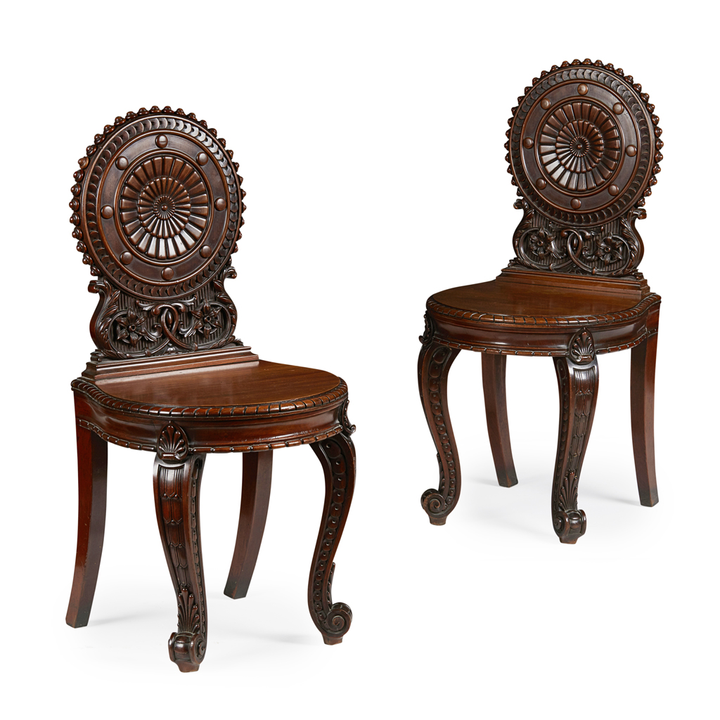 Appraisal: PAIR OF EARLY VICTORIAN MAHOGANY HALL CHAIRS BY WYLIE LOCHHEAD