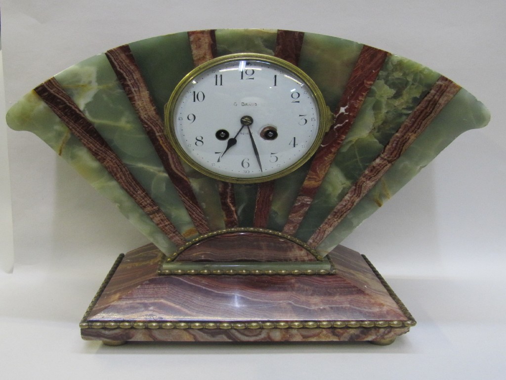 Appraisal: Art Deco green onyx and marble fan shaped mantel clock