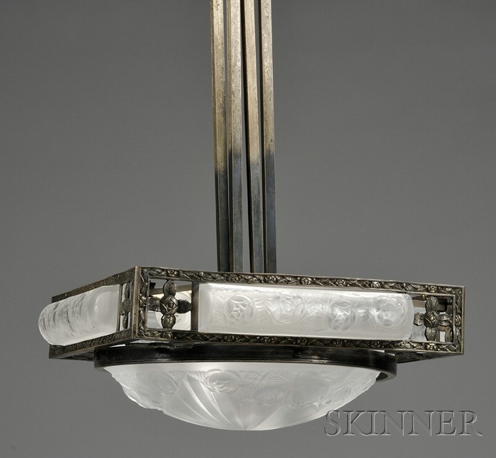 Appraisal: French Art Deco Frosted Molded Colorless Glass and Wrought Iron