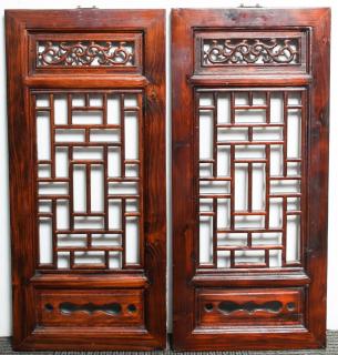 Appraisal: Chinese Carved Wood Screen Shutters Vintage Pair Chinese openwork carved