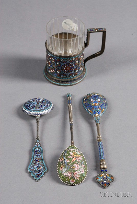 Appraisal: Four Russian Silver and Enamel Tablewares Moscow a tea glass