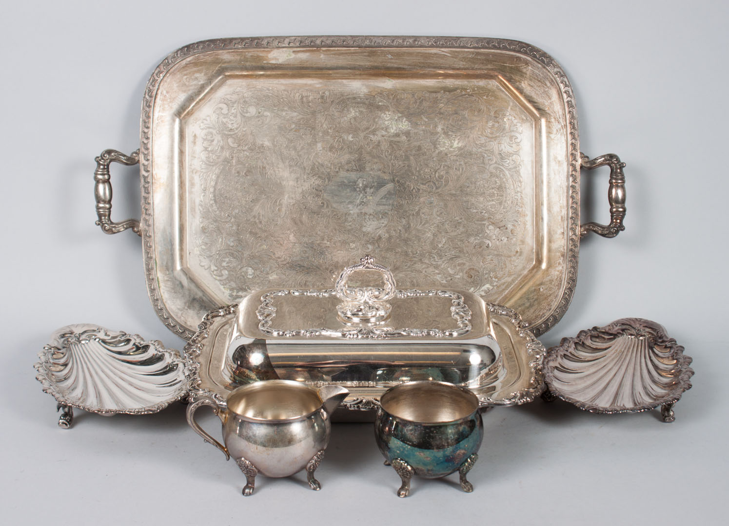 Appraisal: Large box of silver-plated table items including trays serving pieces