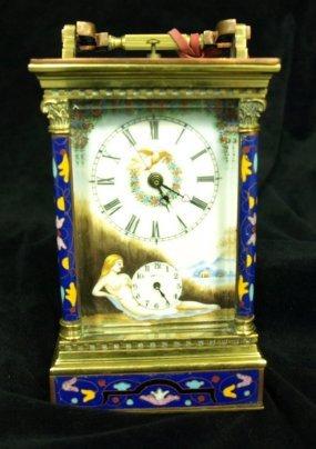 Appraisal: A carriage clock the case enamelled with female figures fitted