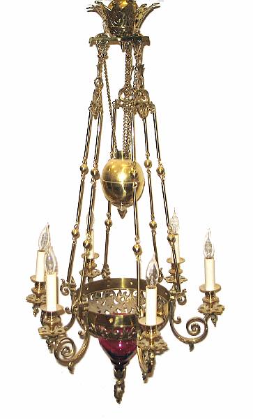 Appraisal: A brass and cranberry glass six light chandelier height in