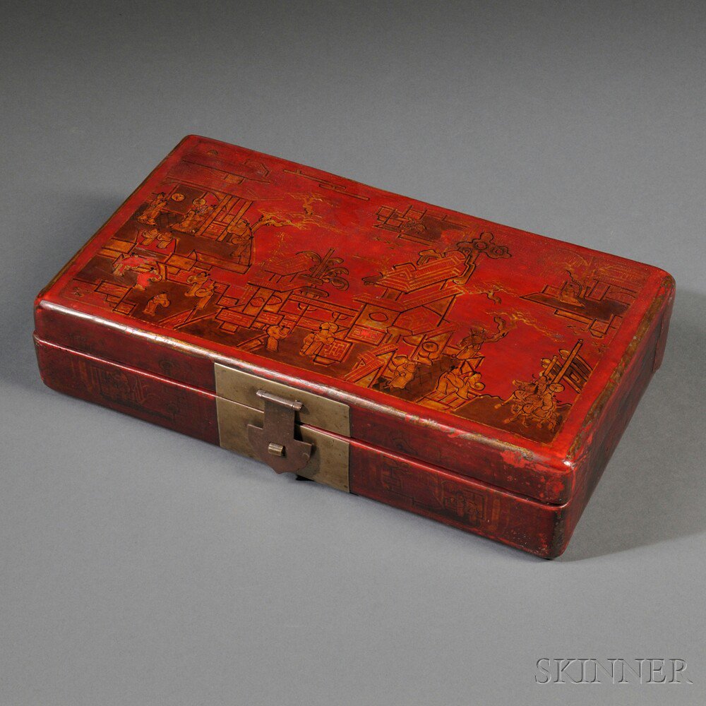 Appraisal: Red Lacquered Leather Box China rectangular the hinged cover painted