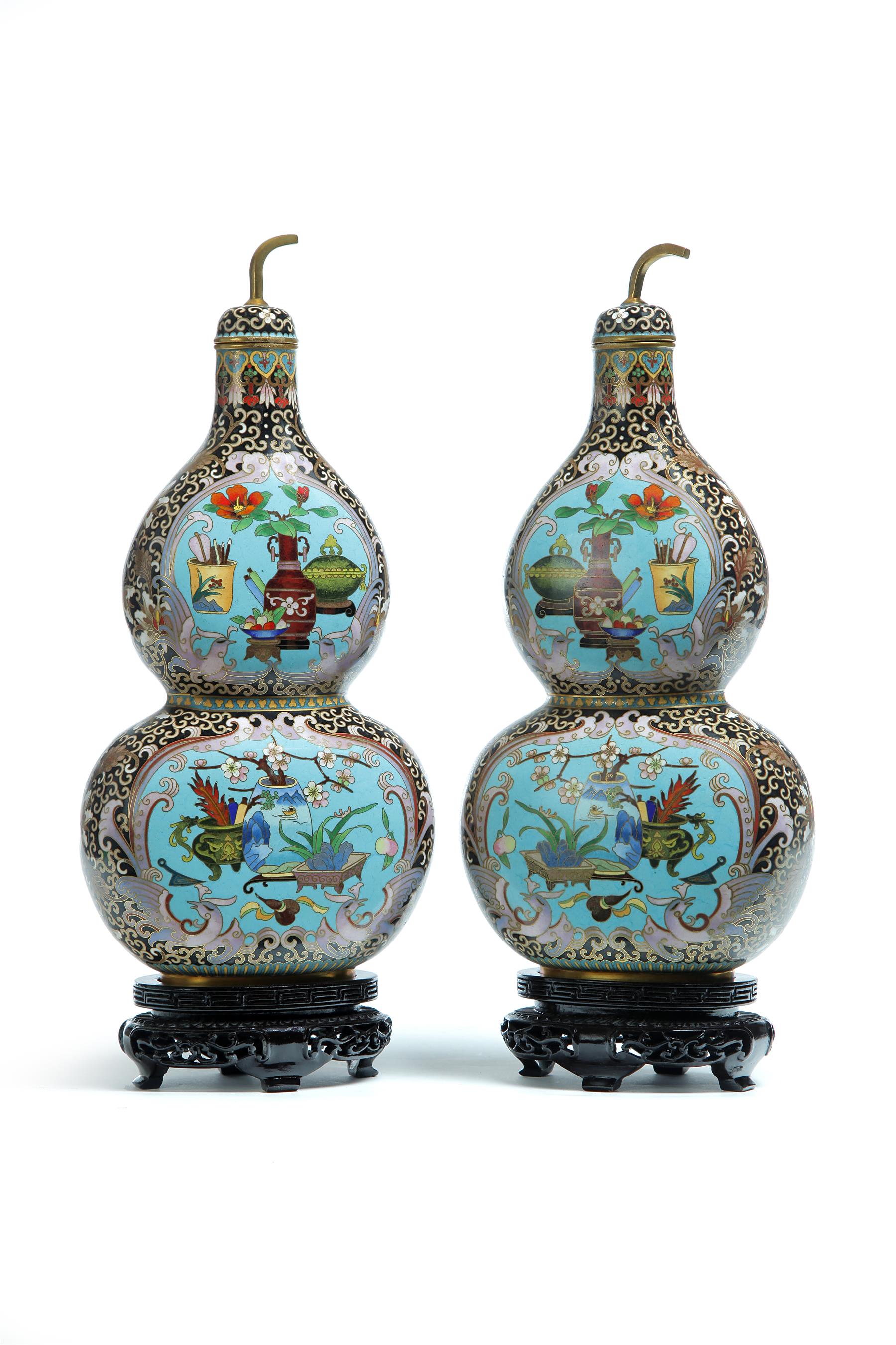 Appraisal: PAIR OF CHINESE CLOISONNE VASES Twentieth century Double gourd shaped