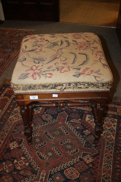 Appraisal: A TH CENTURY MAHOGANY SQUARE DRESSING STOOL with original tapestry