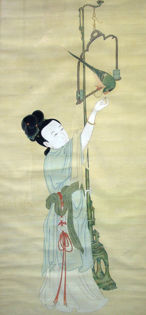 Appraisal: Japanese school mid-late th century- Woman feeding a parrot opaque