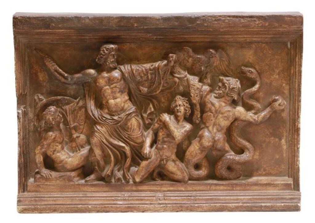 Appraisal: Cast plaster relief panel Zeus and the the Giants Lino