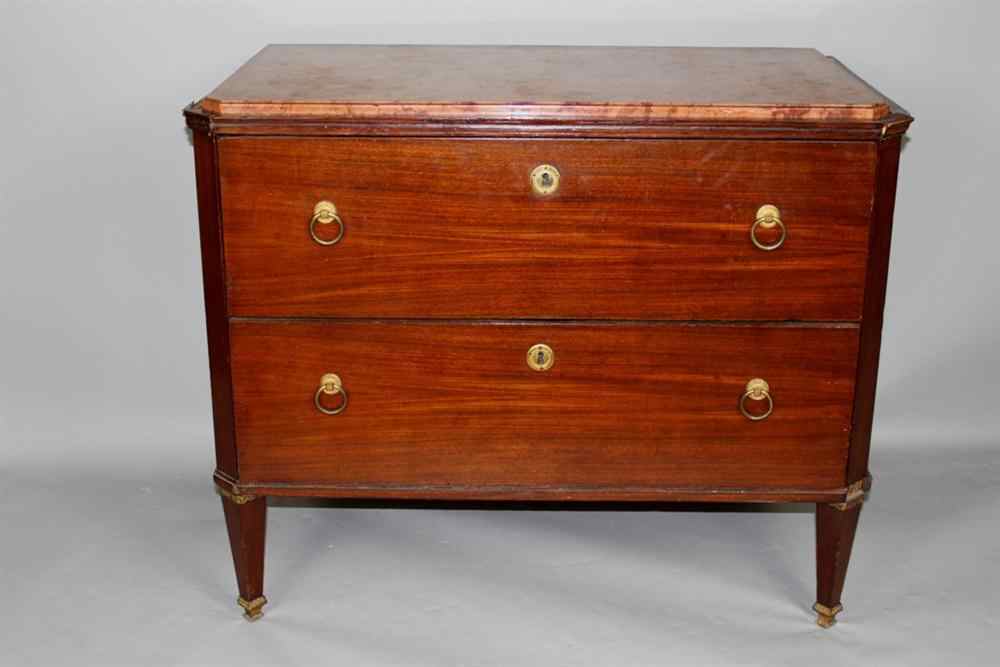 Appraisal: DIRECTOIRE MAHOGANY MARBLE TOP COMMODE circa the oblong rouge marble