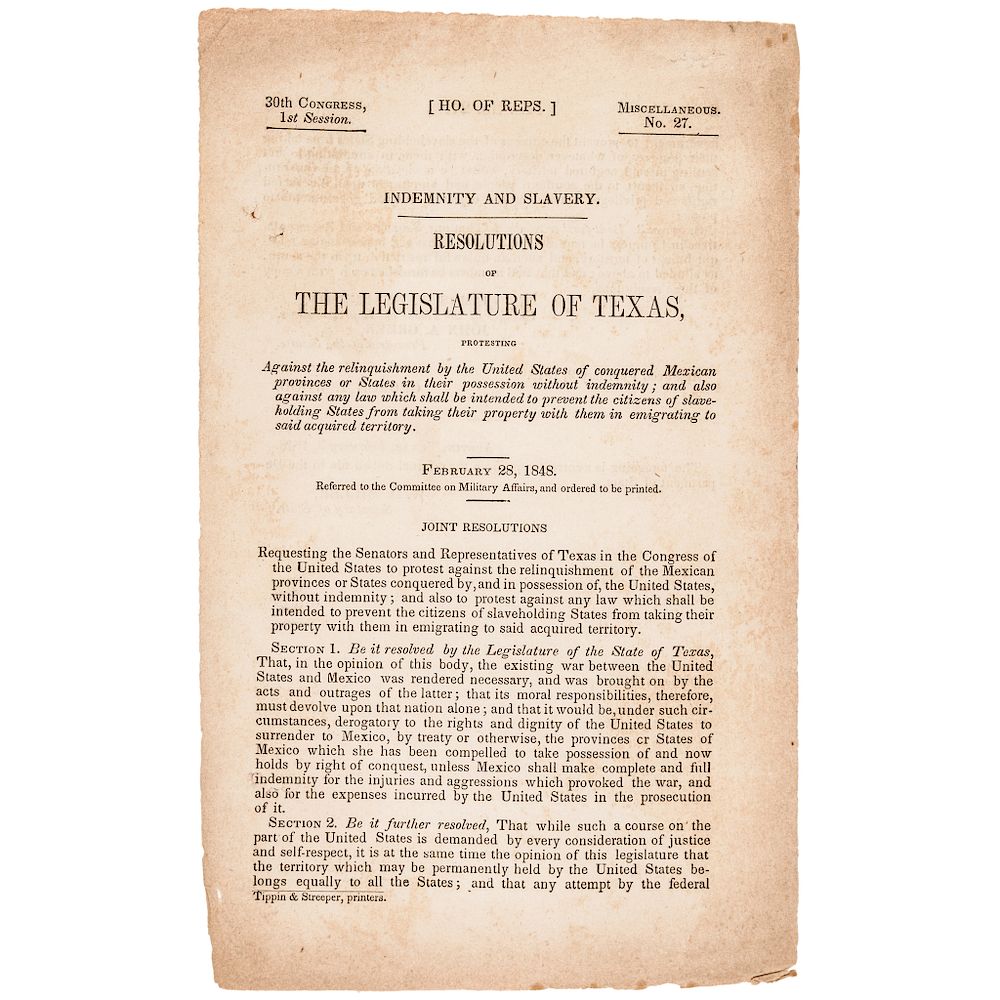 Appraisal: Congress Imprint Resolutions of the Legislature of Texas Regarding Slavery