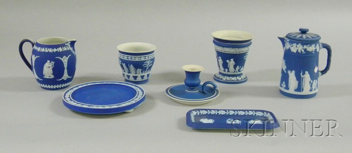 Appraisal: Seven Small Wedgwood Dark Blue Jasper Dip Articles a chamberstick