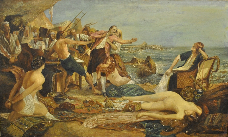 Appraisal: - Large oil on canvas of Greeks with some in