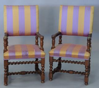 Appraisal: Pair of Jacobean style upholstered armchairs upholstery as is Pair