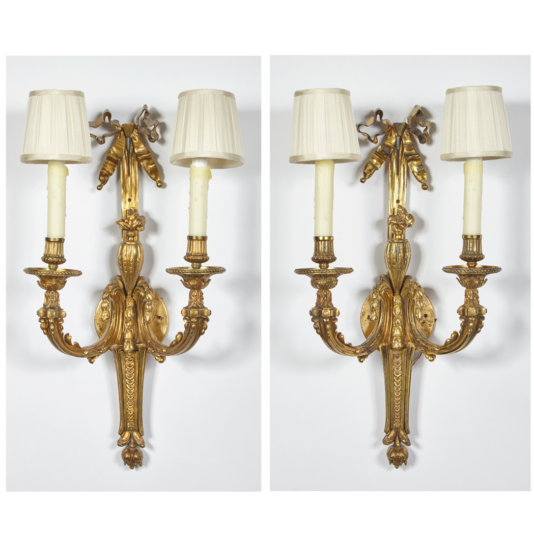 Appraisal: Pair of Louis XVI Style Gilt-Metal Two-Light Sconces Each circular