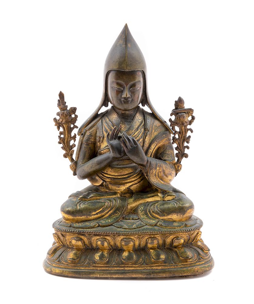 Appraisal: A Sino-Tibetan Parcel-Gilt Bronze Figure of Tshongkapa Height in cm