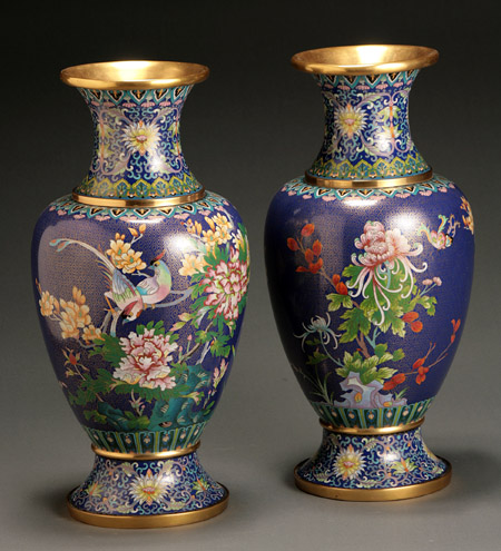 Appraisal: Pair of Chinese Cloisonn Enamel Blue Ground Vases Modern Each