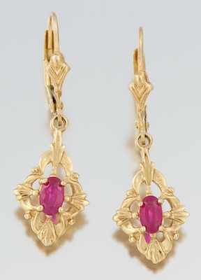 Appraisal: A Pair of Ladies' Gold and Ruby Pendant Earrings k