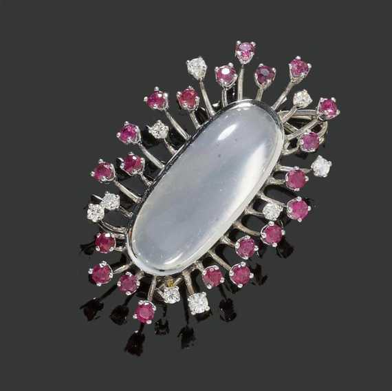 Appraisal: MOON STONE RUBY AND BRILLIANT-CUT DIAMOND BROOCH PENDANT White gold