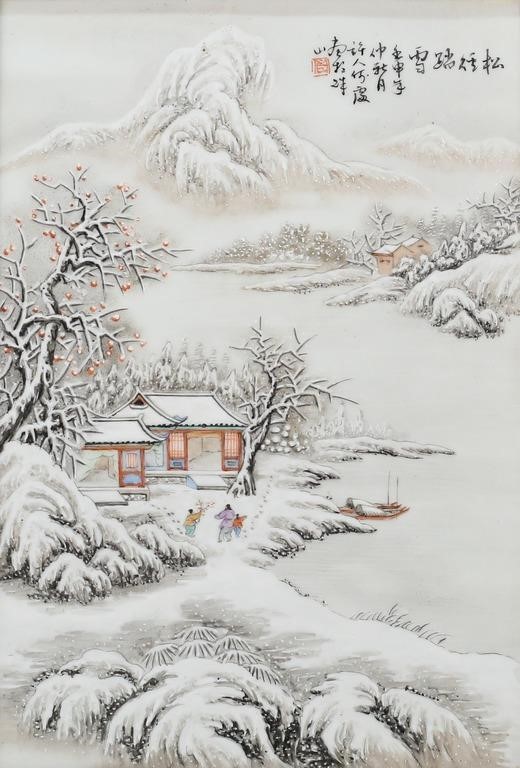 Appraisal: HAND PAINTED CHINESE PORCELAIN PLAQUE WINTERHand painted Chinese porcelain plaque