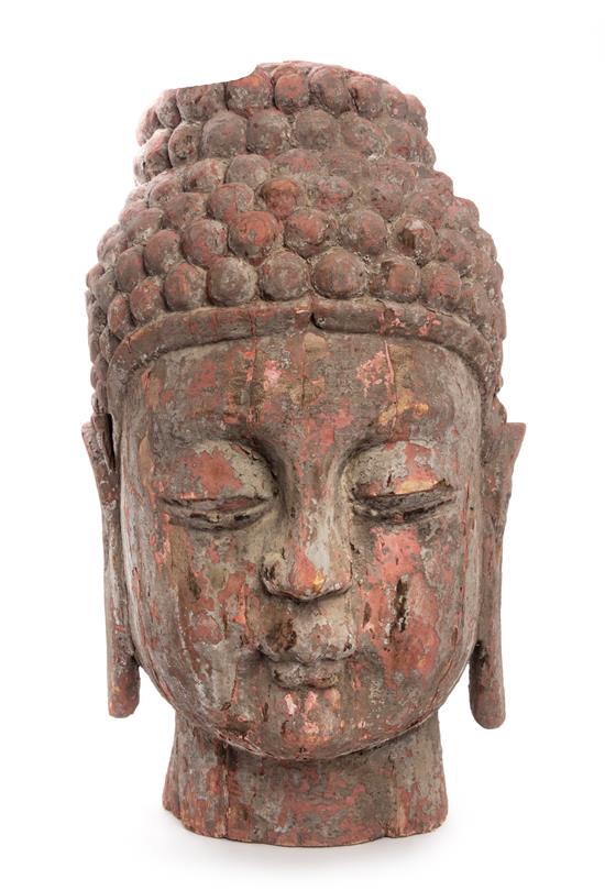 Appraisal: Sale Lot A Massive Carved Wood Head of Buddha the