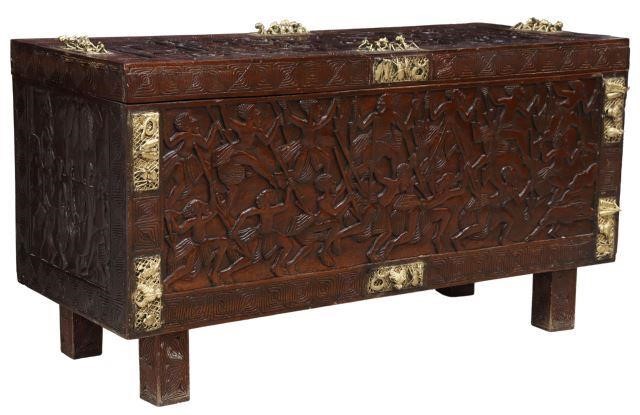 Appraisal: African hinged-top chest th c highly figural carved accented with