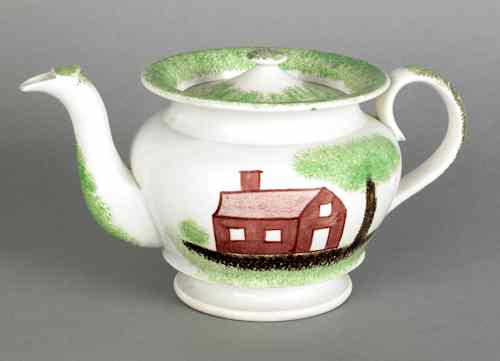 Appraisal: Green spatter teapot with a schoolhouse th c h