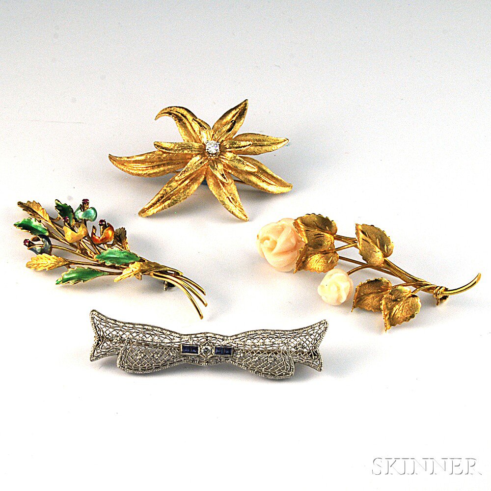 Appraisal: Four Assorted Gold Brooches an kt gold and diamond flower