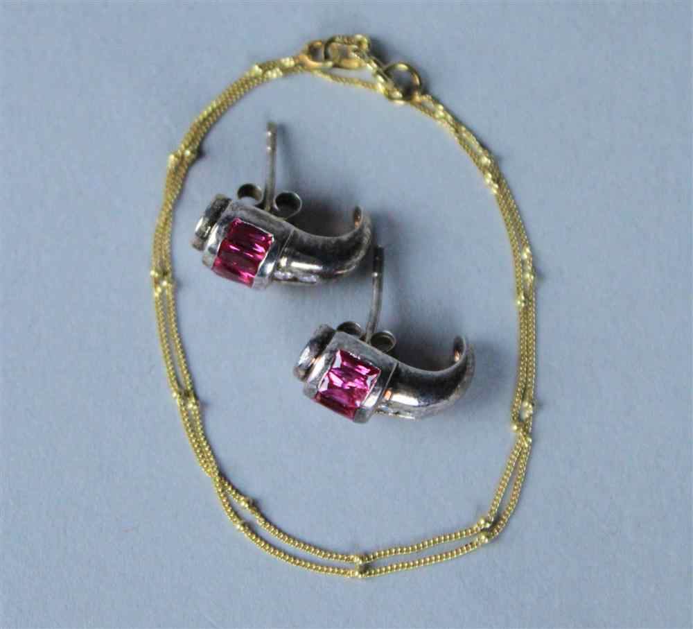 Appraisal: PAIR OF PURPLE STONE EARRINGS AND GOLD CHAIN BRACELET