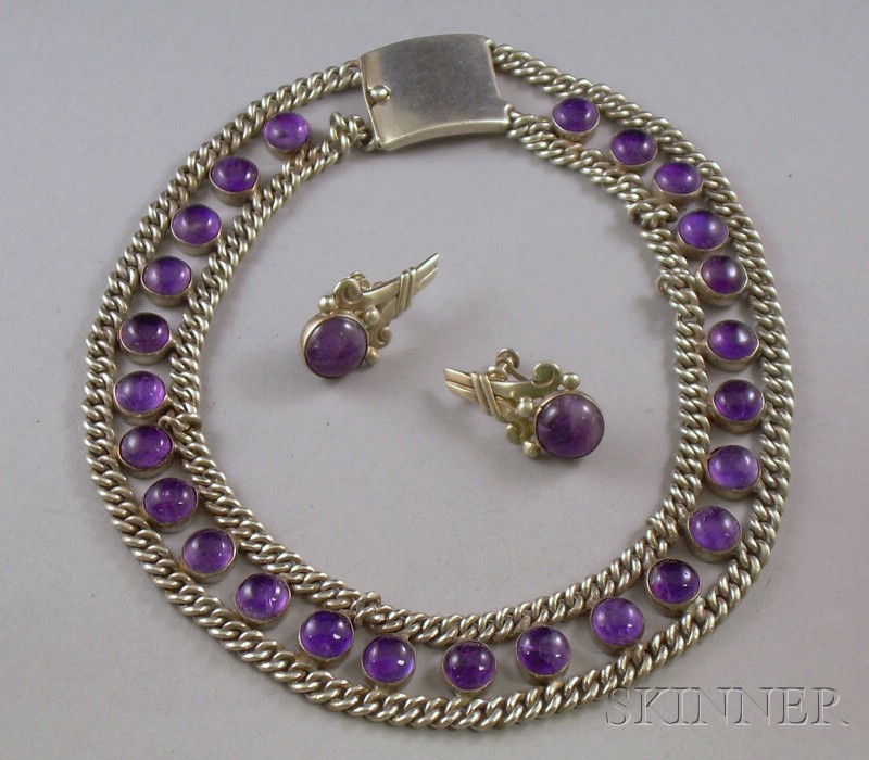 Appraisal: Mexican Sterling Silver and Amethyst Necklace and Earrings Taxco one