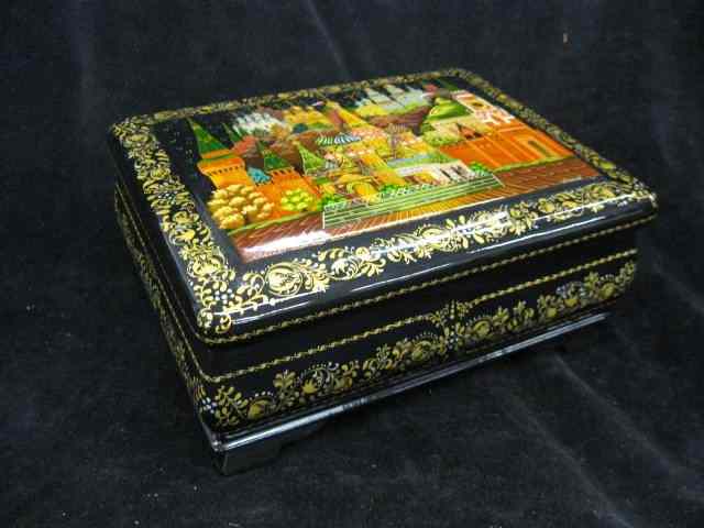 Appraisal: Russian Lacquerware Dresser Box Village scene signed titled '' x