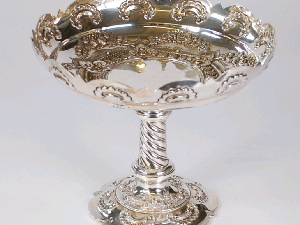 Appraisal: GOOD VICTORIAN EMBOSSED SILVER CAKE STAND by Martin Hall and