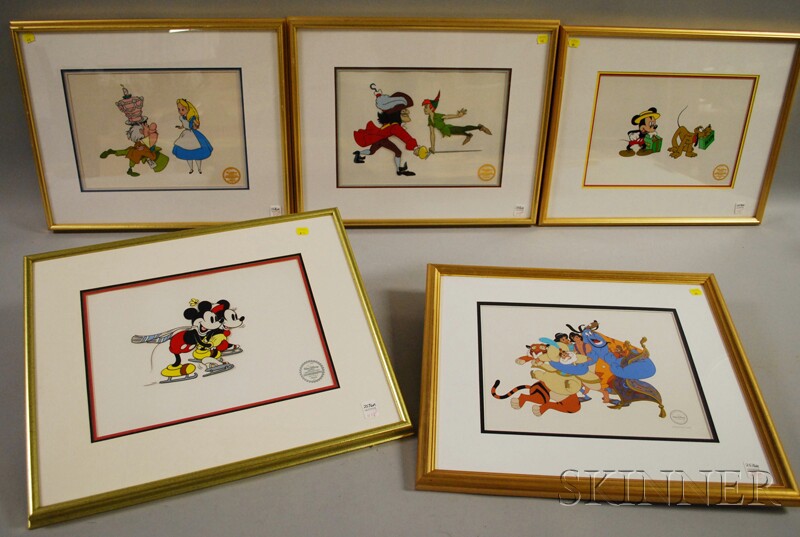 Appraisal: Five Framed Limited Edition Walt Disney Serigraph Cels including Aladdin