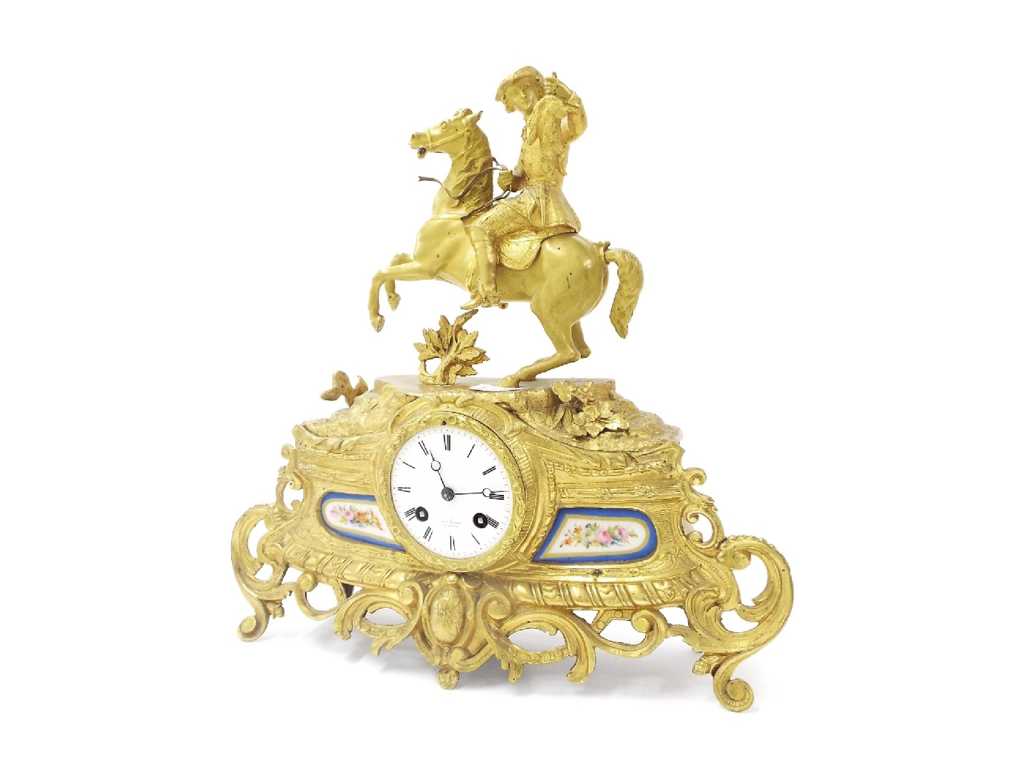 Appraisal: French gilt metal and porcelain mounted two train figural mantel