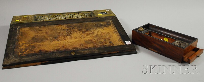 Appraisal: Brass- and Tortoiseshell-inlaid Ebony Desk Box with Leather-inset Writing Surface