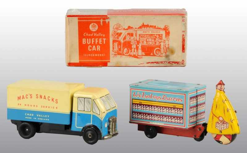 Appraisal: Lot of Tin Food Delivery Vehicle Wind-Up Toys Description Working