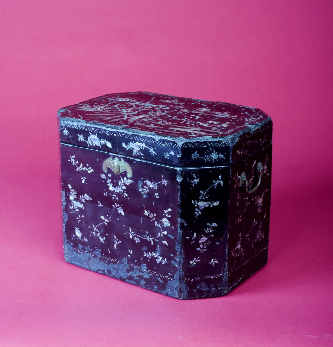 Appraisal: CHINA TRADE MOTHER-OF-PEARL INLAID BLACK LACQUER OCTAGONAL TEA CHEST Inlaid